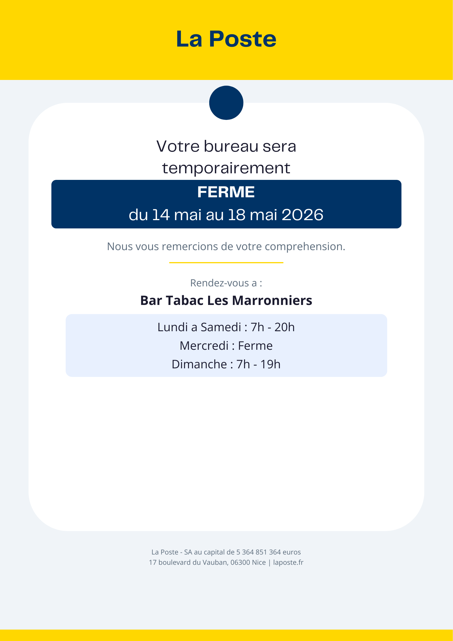 FERMETURE DU BUREAU DE POSTE POUR L’ASCENSION